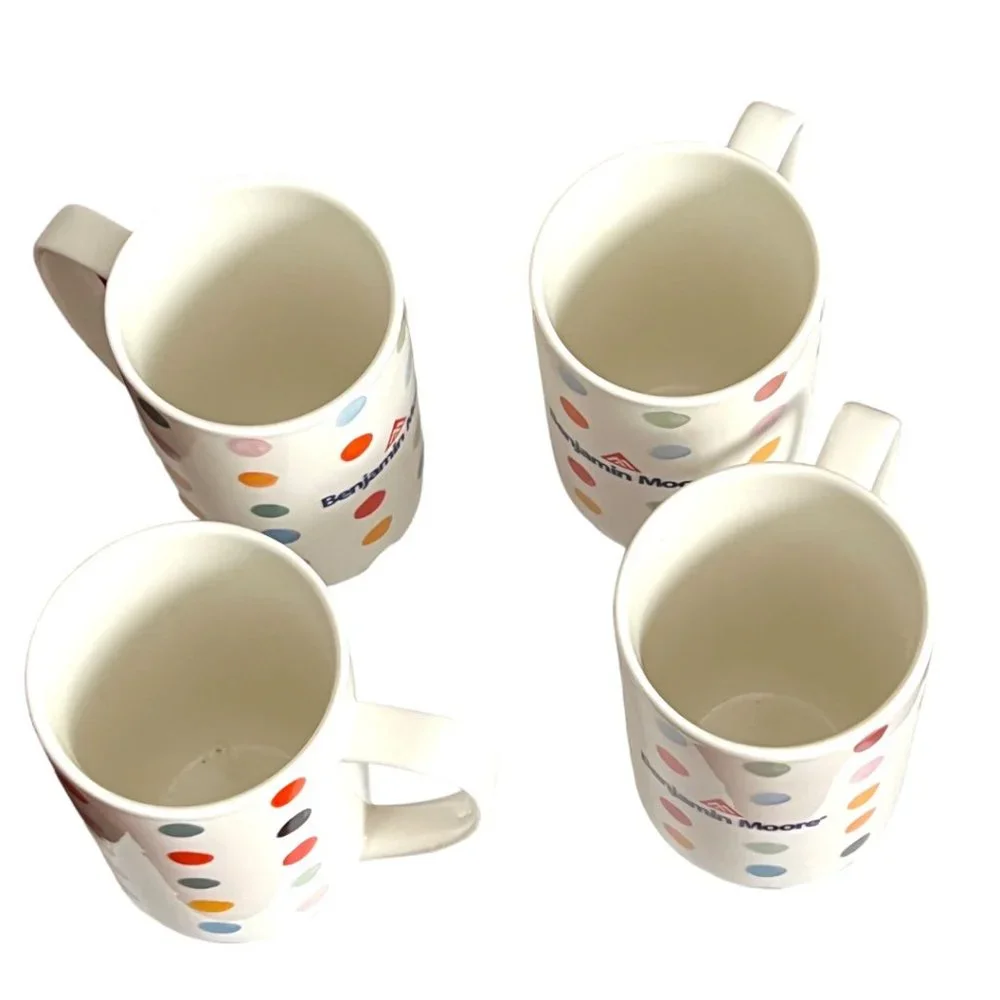 SET of FOUR 4 Oversized Benjamin Moore Ceramic Polka Dot Mugs Cups Large Handled - Picture 6 of 7